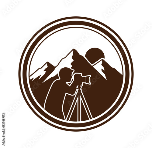 Brown logo of a man taking a photo  mountain landscape circular icon