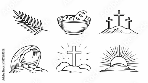Easter symbols and christian icons including crosses bread and a sunrise representing faith and resurrection