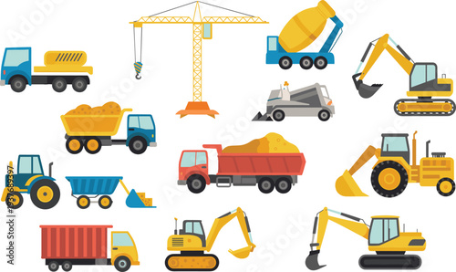 Construction machinery vehicles set with crane, excavator, dump truck, bulldozer, mixer truck and loader flat vector illustration collection