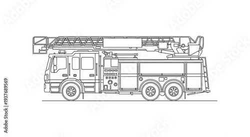 Detailed linear drawing of a large fire engine with an extended ladder presented as a silhouette high quality