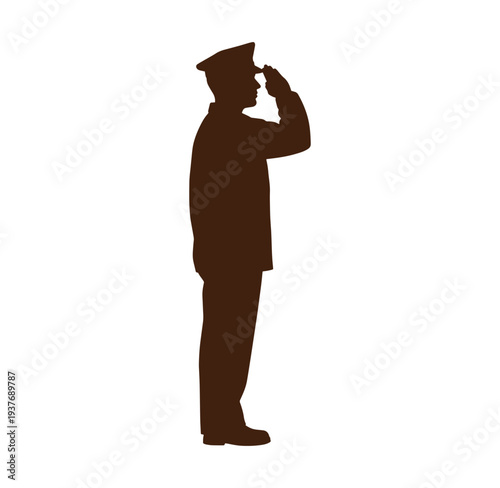 Brown silhouette of a man in uniform saluting with his right hand to his forehead
