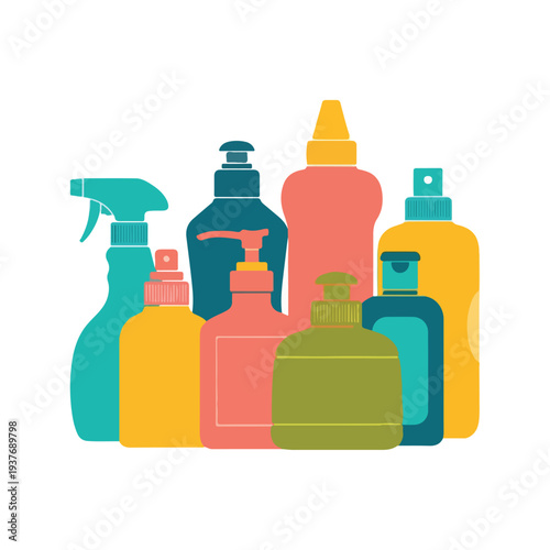 Collection of colorful cleaning supplies and detergent bottles