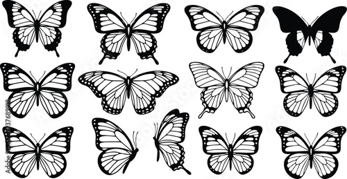 Butterflies vector illustration with vintage stipple effect, y2k collage design set or collection. Monochrome moth photocopy retro design elements for grunge gothic surreal poster or placard
