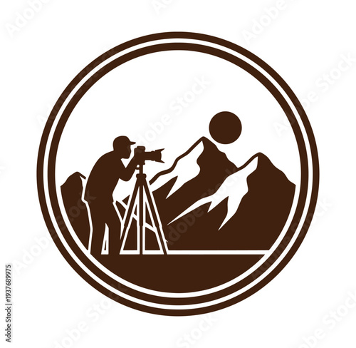 Brown silhouette of photographer taking picture of mountains with tripod in circular frame