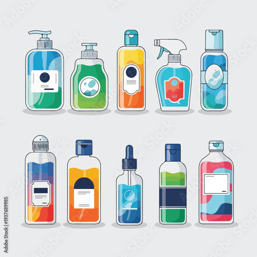 Colorful household cleaning product bottles and containers