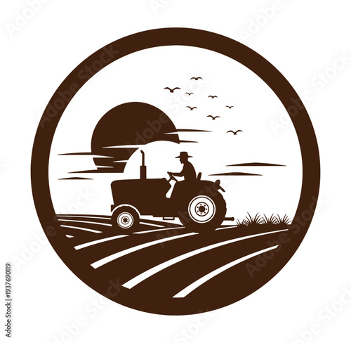 farmer driving tractor in field at sunset with birds flying overhead in circular frame