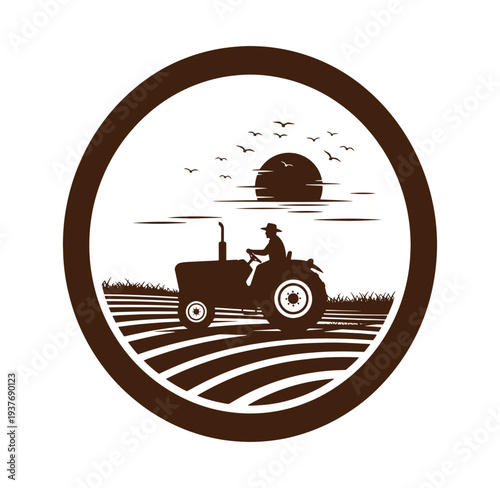 farmer driving tractor in field at sunset with birds flying overhead in circular frame