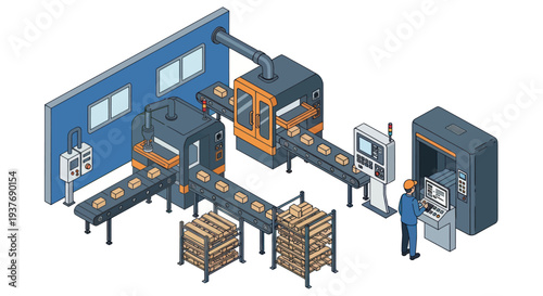 Automated Factory Production Line with Worker and Conveyor Belts.