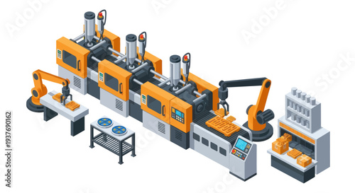 Automated Industrial Production Line with Robotic Arms and Conveyor System.