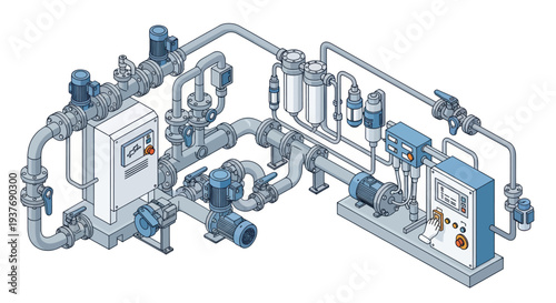 Complex Industrial Water Treatment and Filtration System Diagram.