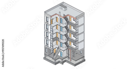 Cutaway View of Apartment Building Showing Interior Layout and Structure.
