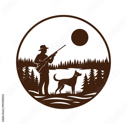 hunter with dog and rifle in forest landscape with trees and lake