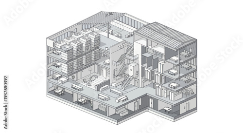 Detailed Isometric View of a Modern Industrial Factory Interior.