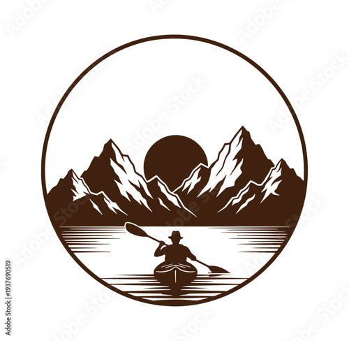 kayaker paddling on serene lake with majestic mountain range at sunset