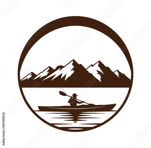Kayaker paddling on serene lake with majestic mountains in background  peaceful outdoor scene