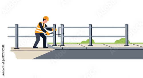 Worker Installing Road Guardrail Vector