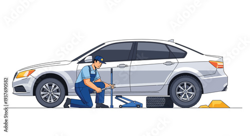 Auto Mechanic Lifting Car Vector