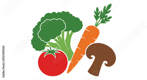 A vibrant arrangement of broccoli carrot tomato and mushroom in a flat design silhouette high quality professional detailed