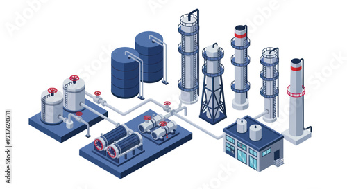 Industrial Chemical Plant Processing Facility with Tanks and Towers.