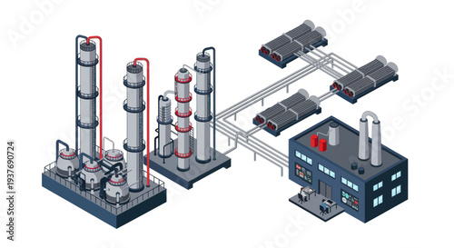 Industrial Chemical Plant with Distillation Towers and Solar Panels.