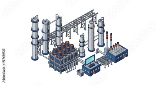 Industrial Chemical Plant with Distillation Towers and Storage Tanks.