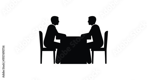 Two men are seated facing each other at a table depicted in a stark black silhouette high quality