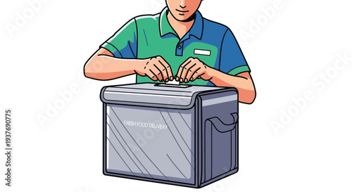 Courier holding insulated delivery cooler box vector