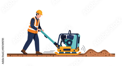 Construction worker operating soil compactor machine vector