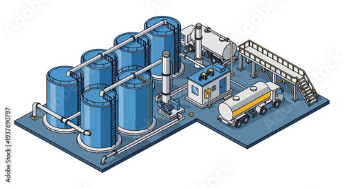 Industrial Chemical Plant with Storage Tanks and Trucks.