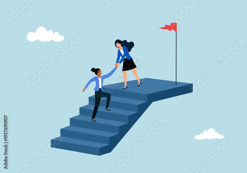 Business mentor or leadership help colleague to succeed and reach goal achieve target, mentorship, support or help career success. Businesswoman leader help employee climb to target at top of stair.