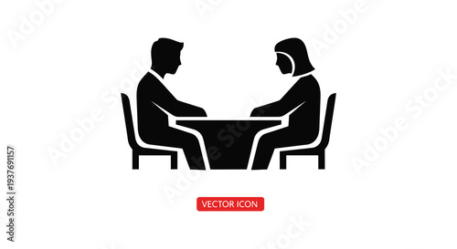 A black graphic depicts a man and woman seated at a table in conversation a stark silhouette