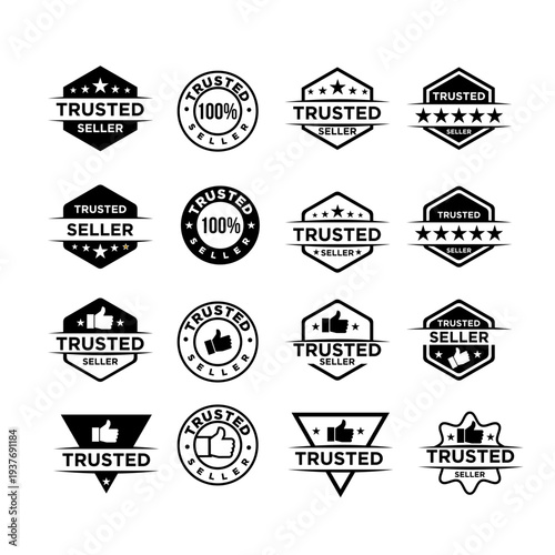 Trusted Seller Badges and Labels Collection. Set of black and white vector icons with stars, thumbs-up, and 100% symbols for e-commerce, business, and service reliability.