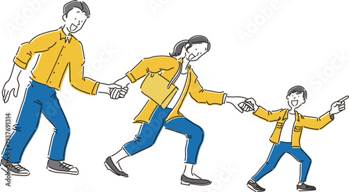 手をつないで笑顔で歩く家族の全身のシンプルなイラスト素材