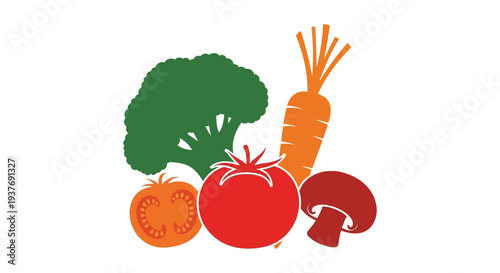 A vibrant composition of fresh vegetables including broccoli carrots tomatoes and mushrooms silhouette high quality professional detailed modern