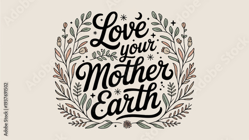 Love your mother earth eco friendly quote with leafy wreath on beige background