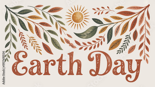 Earth day celebration with leaves and sun on beige background eco friendly symbol