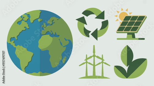 Earth with eco friendly symbols for sustainability and renewable energy sources like solar and wind power