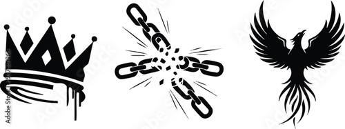 Royal Power and Liberation Vector Set: Crown, Broken Chain, and Phoenix Silhouette Icons