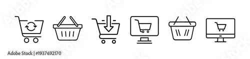 Shopping cart and basket line icon set with online store, digital purchase, product delivery, mobile market checkout, web retail commerce more vector illustration or editable stroke.