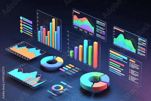 3D charts and graphs of business indicators.