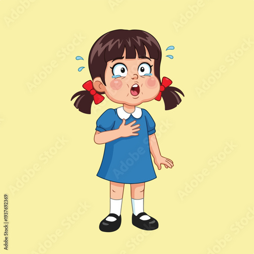 cartoon girl with pigtails and blue dress feeling hot