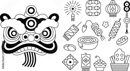 Lion dance icon set with various Chinese New Year elements illustration