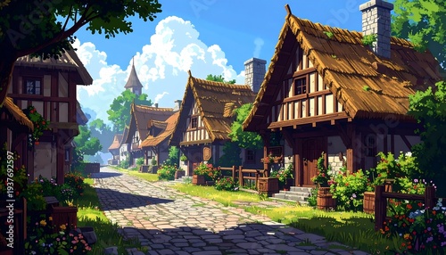 Quaint village scene with stone path and thatched-roof cottages under a bright blue sky with fluffy clouds