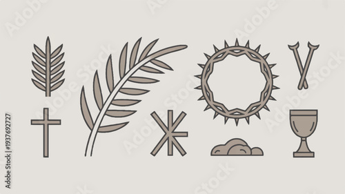Easter symbols and christian icons including cross leaves crown of thorns and chalice on beige background