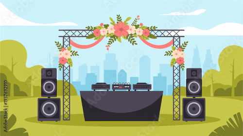 Outdoor music festival stage with dj booth and speakers decorated with flowers and ribbons in a park