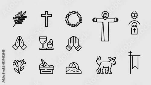 Religious symbols and icons including crosses praying hands and holy objects on gray background