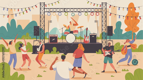 People dancing and playing music at an outdoor festival with a stage and colorful decorations