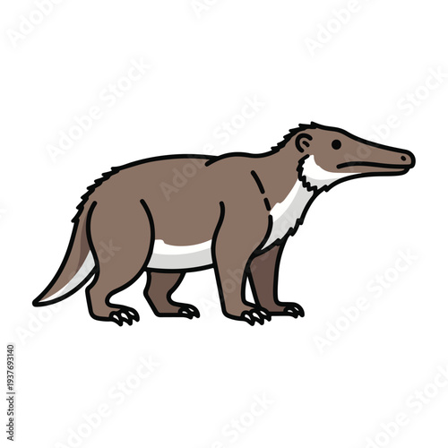 Brown dinosaur with white chest and belly standing on white background