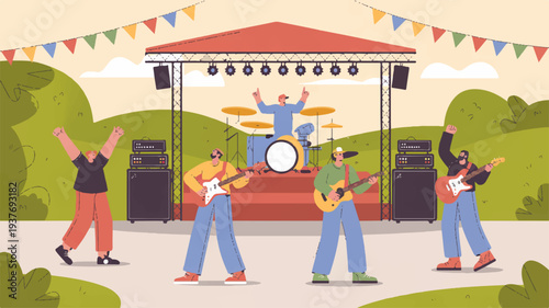 People dancing and playing music on outdoor stage with colorful bunting flags lively festival atmosphere with green hills background