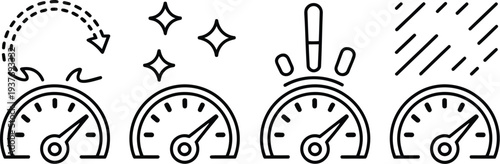 A set of speedometer icons with various symbols and graphics